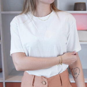 Conjunto Feminino Shorts Alfaiataria Com Camiseta de Algodão - P, Caramelo e Branco