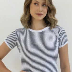 T-SHIRT BASICA LISTRADA - BRANCO/PRETO, G